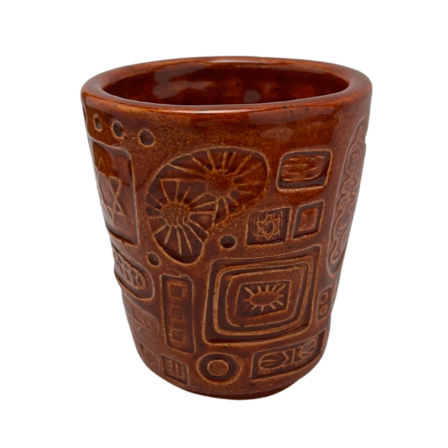 Jewish kiddush cup shabbat, ceramic handmade sabbath day cups, judaica store for judaism, painted pottery glasses shabbos, jewish gifts, jewish wedding, judaica art by Shana Ostrowiecki made in California, usa burnt orange brown red vintage style