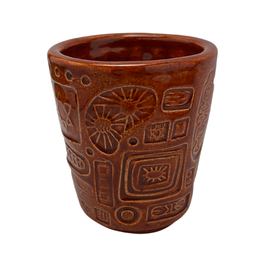 Jewish kiddush cup shabbat, ceramic handmade sabbath day cups, judaica store for judaism, painted pottery glasses shabbos, jewish gifts, jewish wedding, judaica art by Shana Ostrowiecki made in California, usa burnt orange brown red vintage style