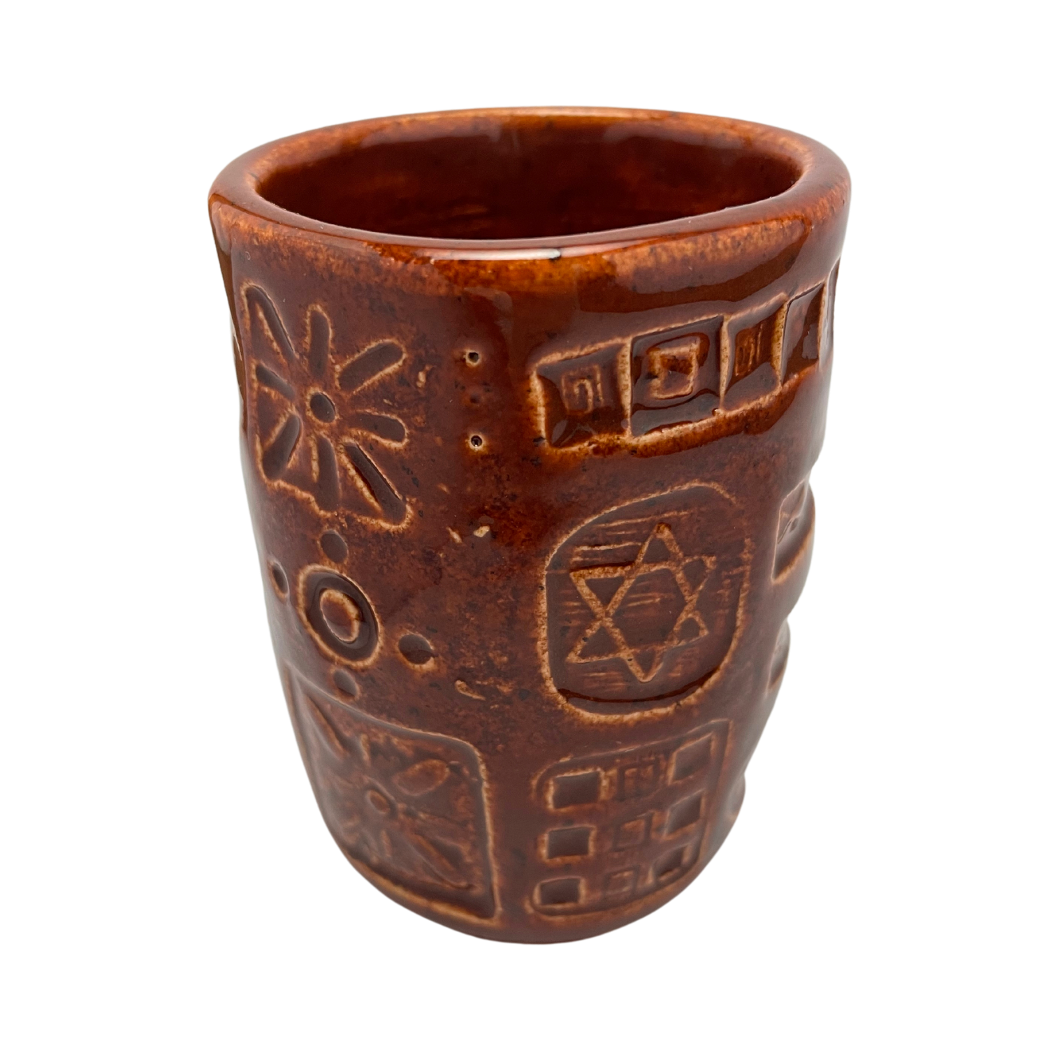 Jewish kiddush cup shabbat, ceramic handmade sabbath day cups, judaica store for judaism, painted pottery glasses shabbos, jewish gifts, jewish wedding, judaica art by Shana Ostrowiecki made in California, usa burnt orange brown red vintage style