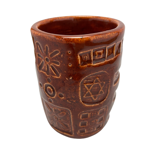Jewish kiddush cup shabbat, ceramic handmade sabbath day cups, judaica store for judaism, painted pottery glasses shabbos, jewish gifts, jewish wedding, judaica art by Shana Ostrowiecki made in California, usa burnt orange brown red vintage style