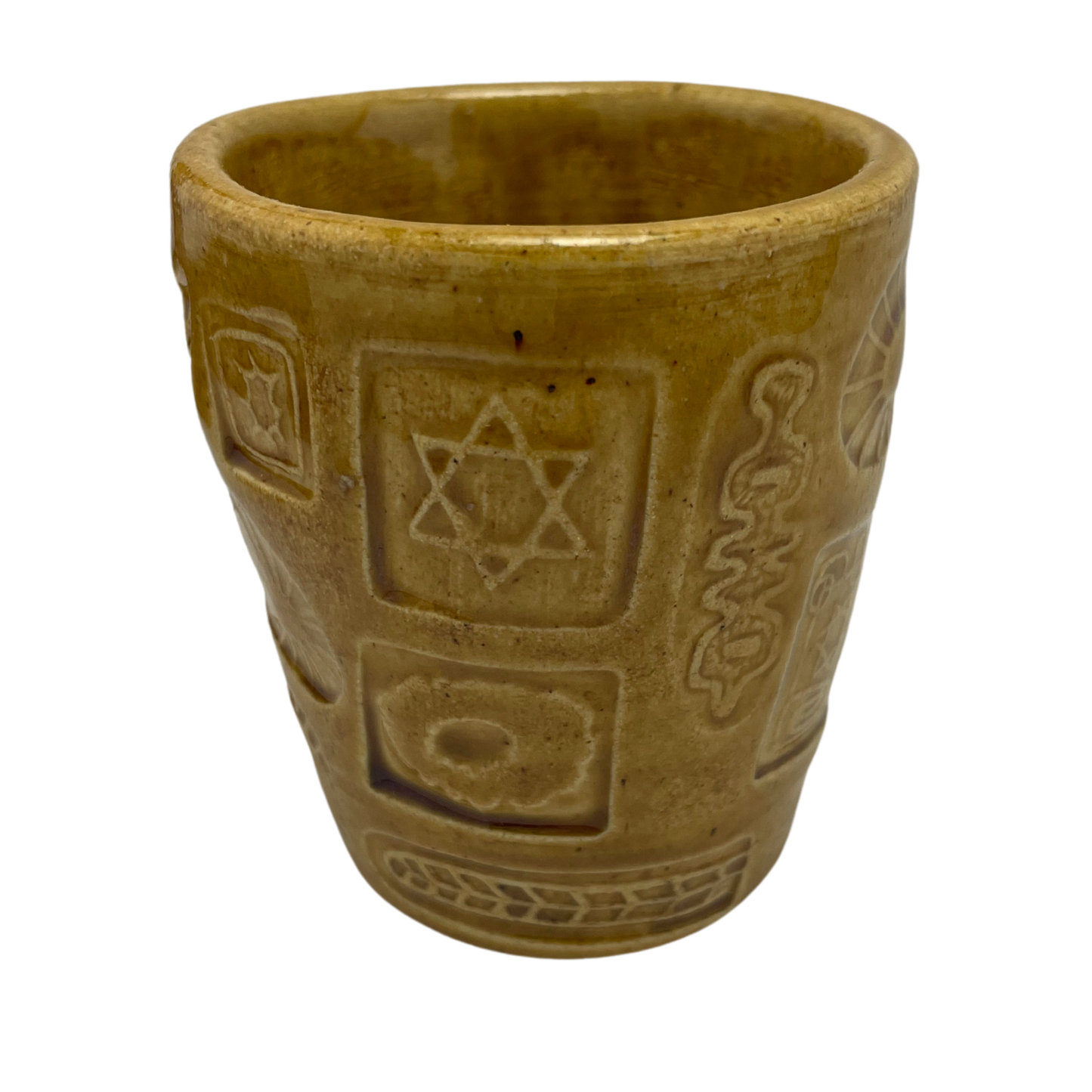 Jewish kiddush cup shabbat, ceramic handmade sabbath day cups, judaica store for judaism, painted pottery glasses shabbos, jewish gifts, jewish wedding, judaica art by Shana Ostrowiecki made in California, usa  mustard yellow brown