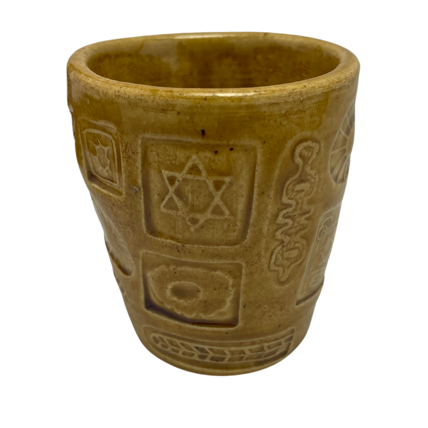 Jewish kiddush cup shabbat, ceramic handmade sabbath day cups, judaica store for judaism, painted pottery glasses shabbos, jewish gifts, jewish wedding, judaica art by Shana Ostrowiecki made in California, usa  mustard yellow brown