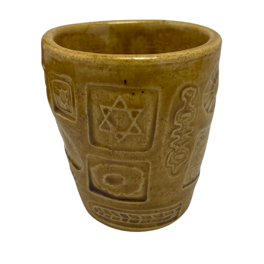 Jewish kiddush cup shabbat, ceramic handmade sabbath day cups, judaica store for judaism, painted pottery glasses shabbos, jewish gifts, jewish wedding, judaica art by Shana Ostrowiecki made in California, usa  mustard yellow brown