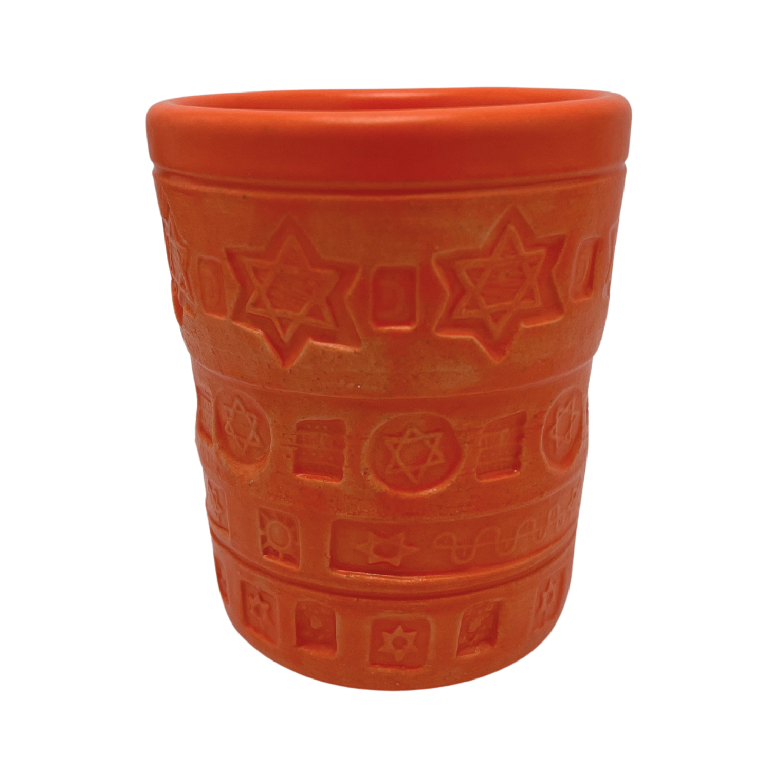 Jewish kiddush cup shabbat, ceramic handmade sabbath day cups, judaica store for judaism, painted pottery glasses shabbos, jewish gifts, jewish wedding, judaica art by Shana Ostrowiecki made in California, usa vintage style bright orange