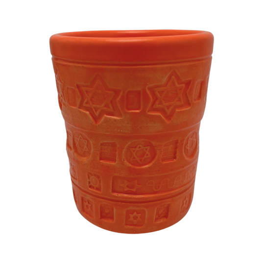 Jewish kiddush cup shabbat, ceramic handmade sabbath day cups, judaica store for judaism, painted pottery glasses shabbos, jewish gifts, jewish wedding, judaica art by Shana Ostrowiecki made in California, usa vintage style bright orange