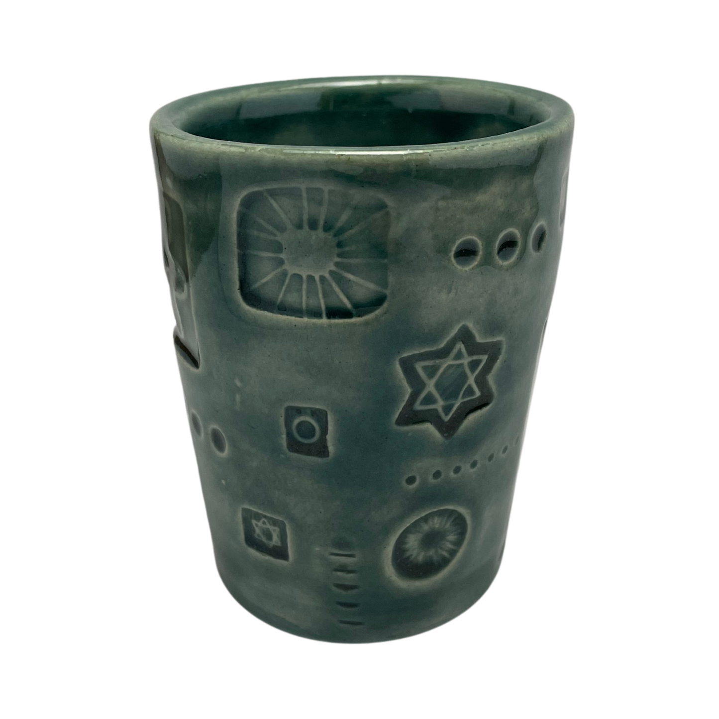Jewish kiddush cup shabbat, ceramic handmade sabbath day cups, judaica store for judaism, painted pottery glasses shabbos, jewish gifts, jewish wedding, judaica art by Shana Ostrowiecki made in California, usa vintage style teal blue turquoise
