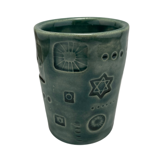 Jewish kiddush cup shabbat, ceramic handmade sabbath day cups, judaica store for judaism, painted pottery glasses shabbos, jewish gifts, jewish wedding, judaica art by Shana Ostrowiecki made in California, usa vintage style teal blue turquoise