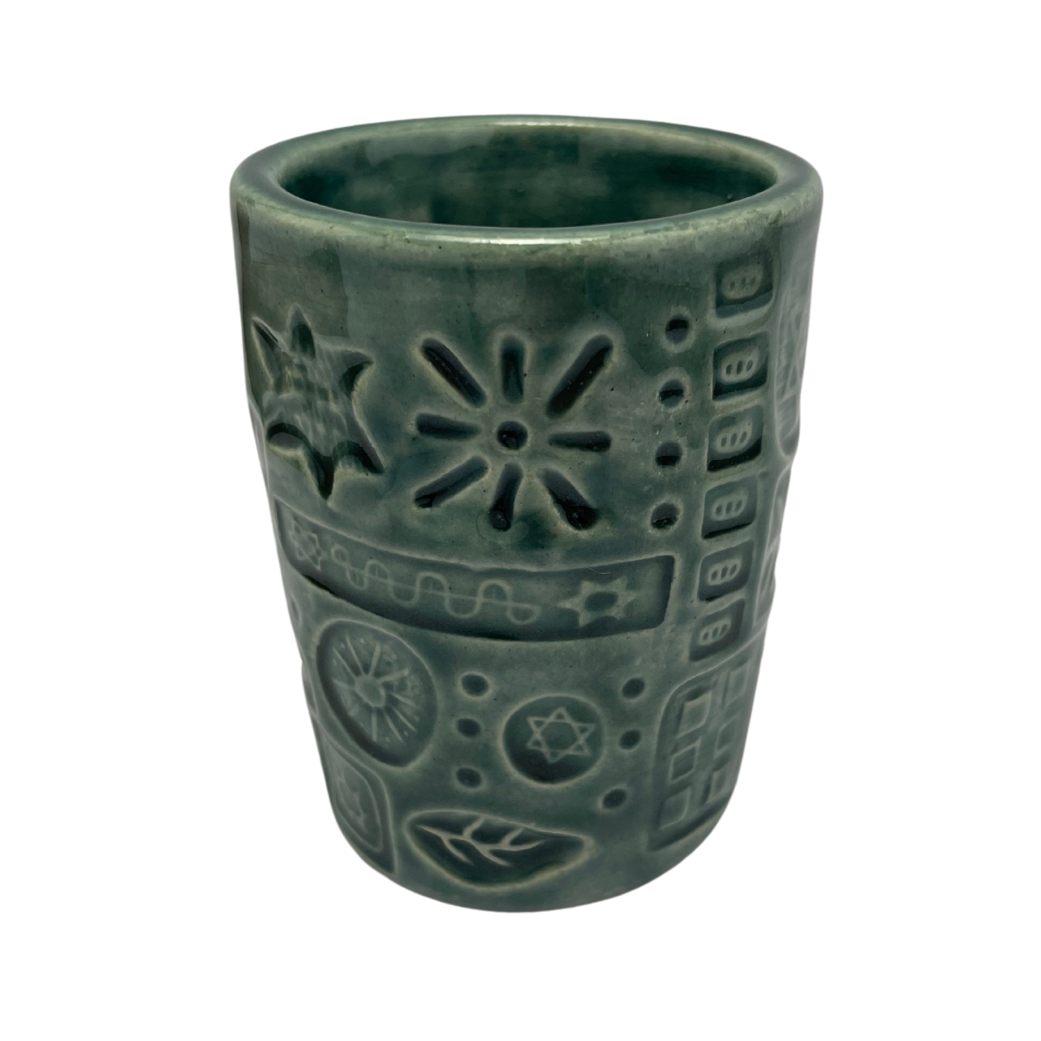 Jewish kiddush cup shabbat, ceramic handmade sabbath day cups, judaica store for judaism, painted pottery glasses shabbos, jewish gifts, jewish wedding, judaica art by Shana Ostrowiecki made in California, usa vintage style teal blue turquoise