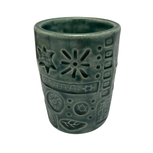 Jewish kiddush cup shabbat, ceramic handmade sabbath day cups, judaica store for judaism, painted pottery glasses shabbos, jewish gifts, jewish wedding, judaica art by Shana Ostrowiecki made in California, usa vintage style teal blue turquoise