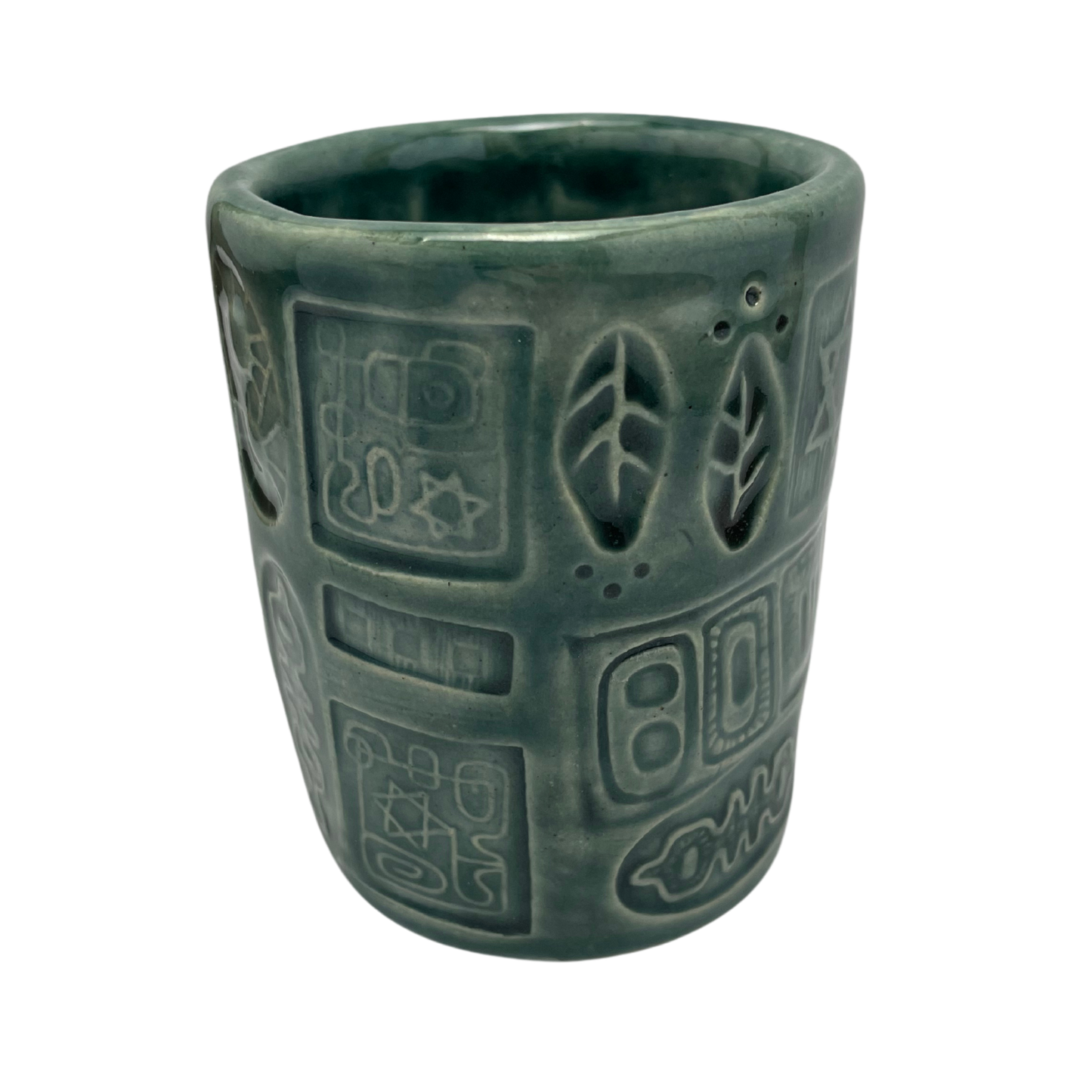 Jewish kiddush cup shabbat, ceramic handmade sabbath day cups, judaica store for judaism, painted pottery glasses shabbos, jewish gifts, jewish wedding, judaica art by Shana Ostrowiecki made in California, usa vintage style teal blue turquoise