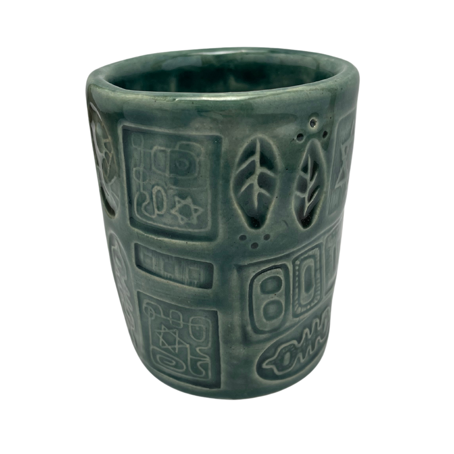 Jewish kiddush cup shabbat, ceramic handmade sabbath day cups, judaica store for judaism, painted pottery glasses shabbos, jewish gifts, jewish wedding, judaica art by Shana Ostrowiecki made in California, usa vintage style teal blue turquoise