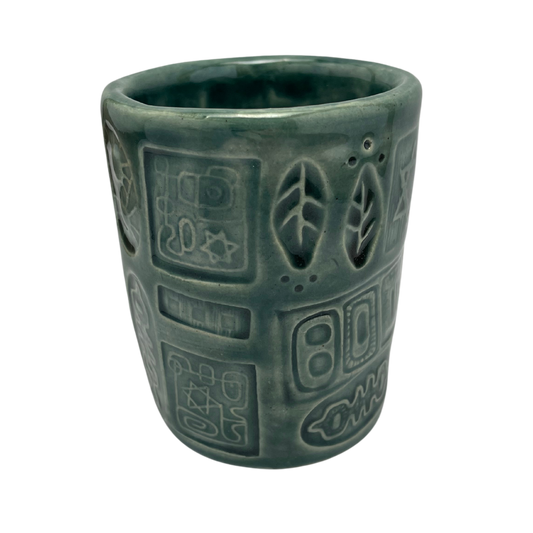 Jewish kiddush cup shabbat, ceramic handmade sabbath day cups, judaica store for judaism, painted pottery glasses shabbos, jewish gifts, jewish wedding, judaica art by Shana Ostrowiecki made in California, usa vintage style teal blue turquoise