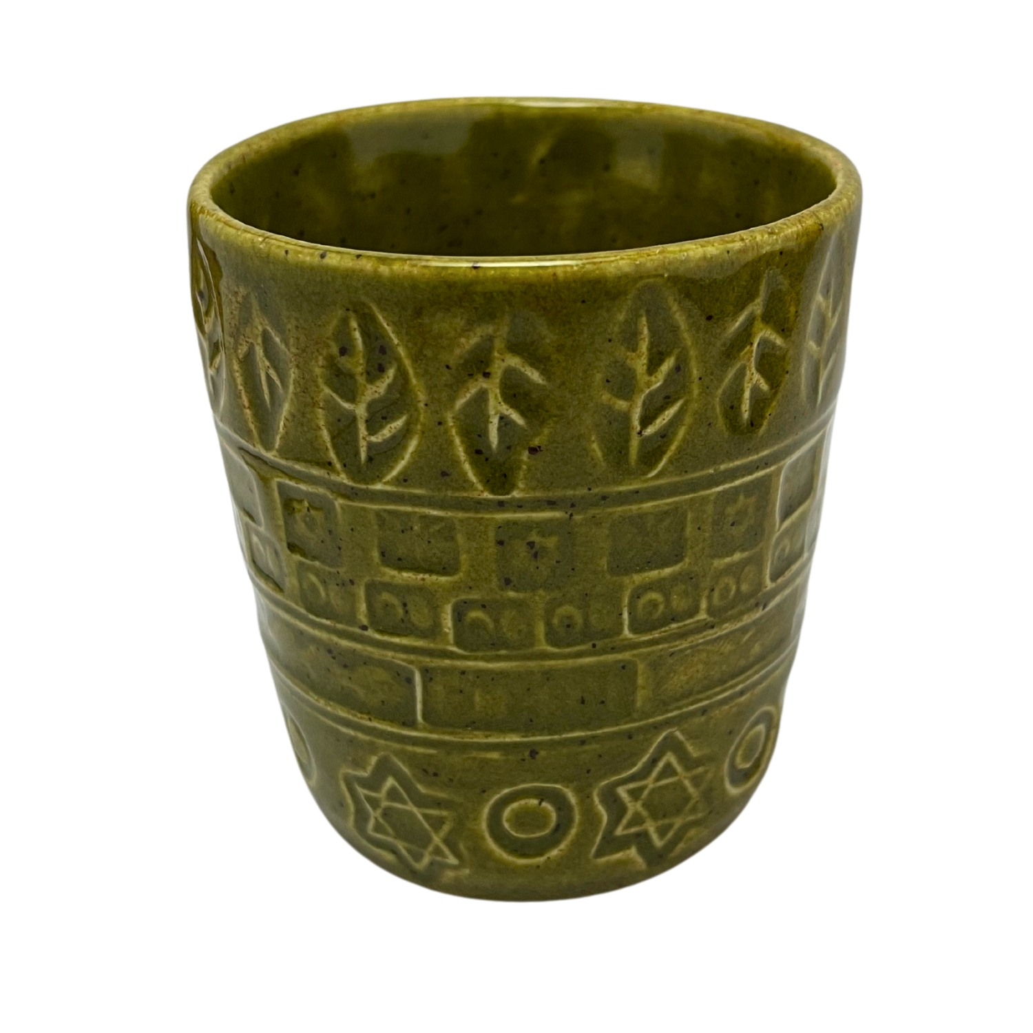 Jewish kiddush cup shabbat, ceramic handmade sabbath day cups, judaica store for judaism, painted pottery glasses shabbos, jewish gifts, jewish wedding, judaica art by Shana Ostrowiecki made in California, usa vintage style green olive