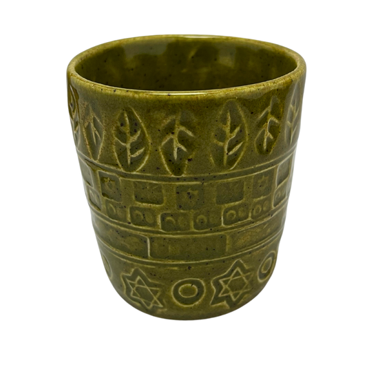 Jewish kiddush cup shabbat, ceramic handmade sabbath day cups, judaica store for judaism, painted pottery glasses shabbos, jewish gifts, jewish wedding, judaica art by Shana Ostrowiecki made in California, usa vintage style green olive