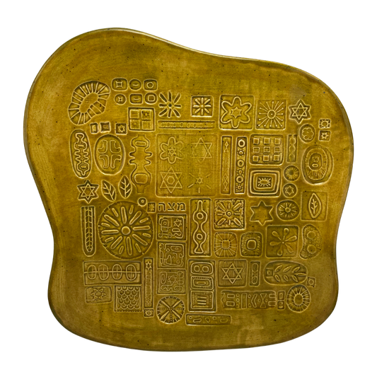 Matzah Plate for Passover Pesach Seder, Jewish festival of Passover to celebrate judaism, ceramic pottery matzos platter for Jewish seder meal, handmade Judaica store near me in California, USA by Shana Ostrowiecki. Jewish Store selling Judaica Art yellow green pea soup olive
