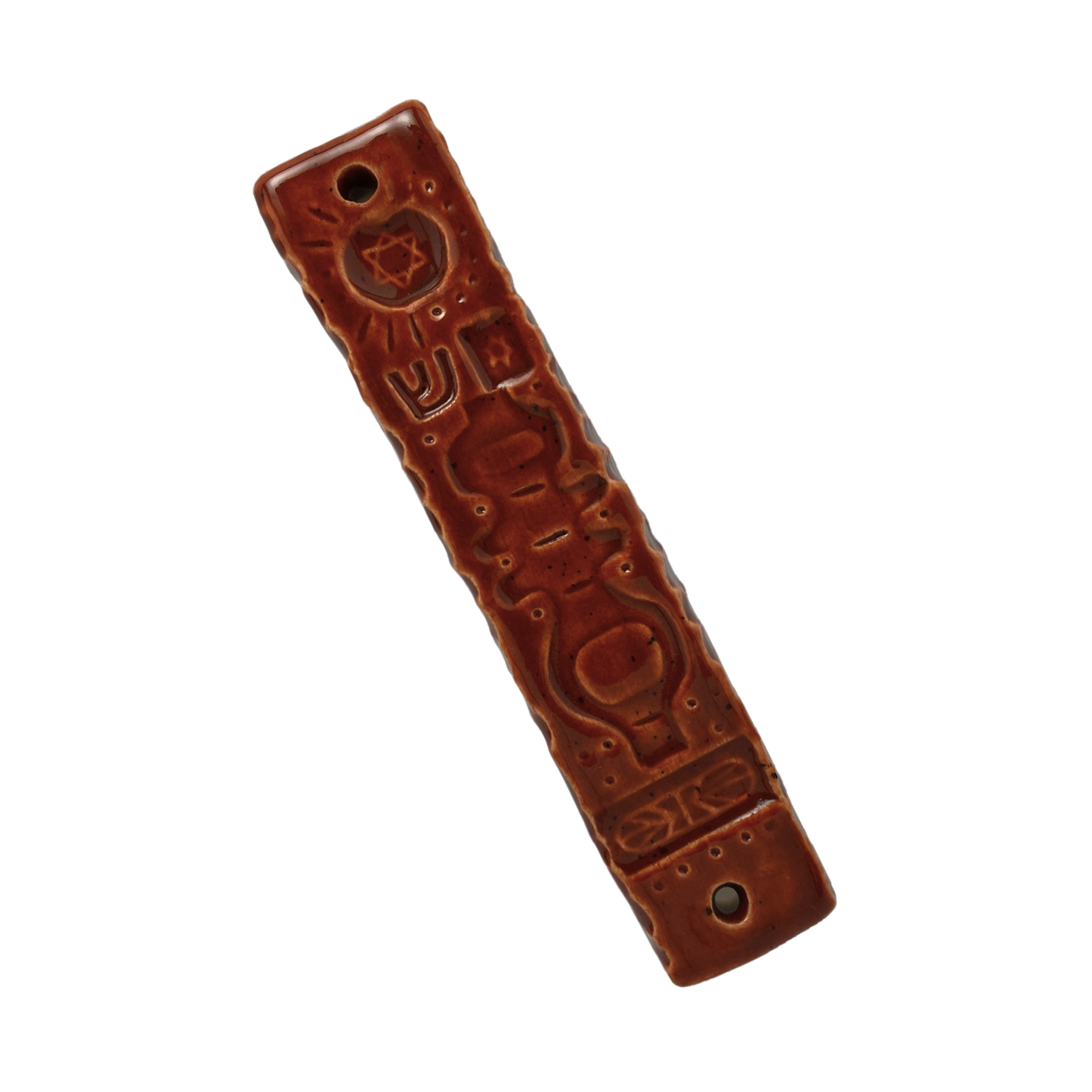 Handpainted Ceramic Mezuzah / Mezuzot from Jewish shop selling Judaica art and gifts. Handmade ceramic art burnt orange red