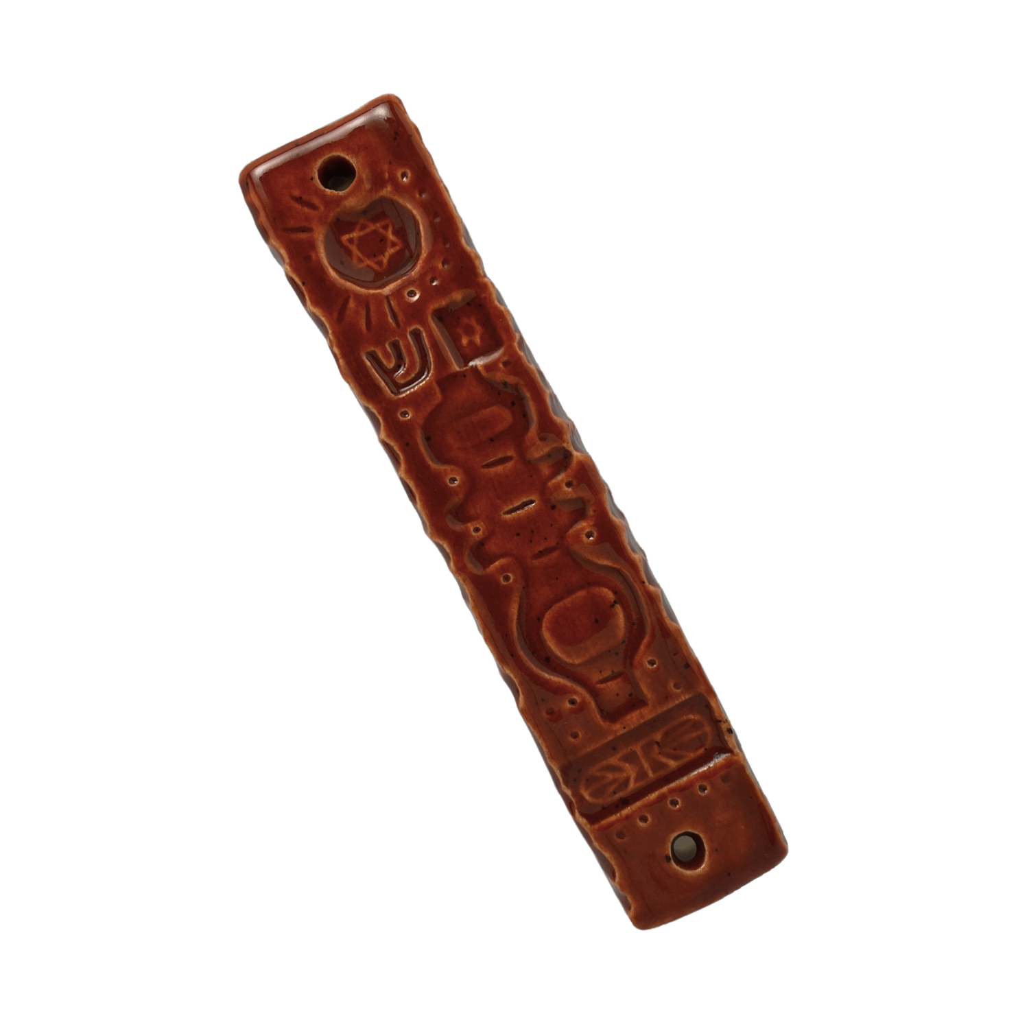 Handpainted Ceramic Mezuzah / Mezuzot from Jewish shop selling Judaica art and gifts. Handmade ceramic art burnt orange red