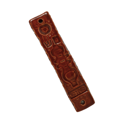 Handpainted Ceramic Mezuzah / Mezuzot from Jewish shop selling Judaica art and gifts. Handmade ceramic art burnt orange red