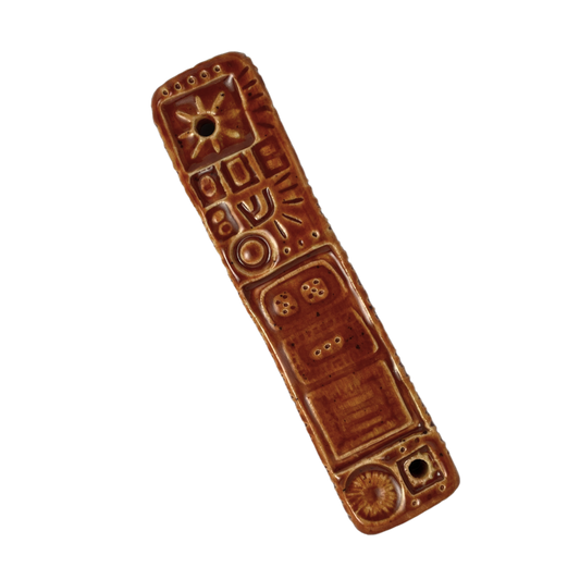 Handpainted Ceramic Mezuzah Mezuzot from Jewish shop selling Judaica art and gifts Handmade ceramic art burnt orange red brown