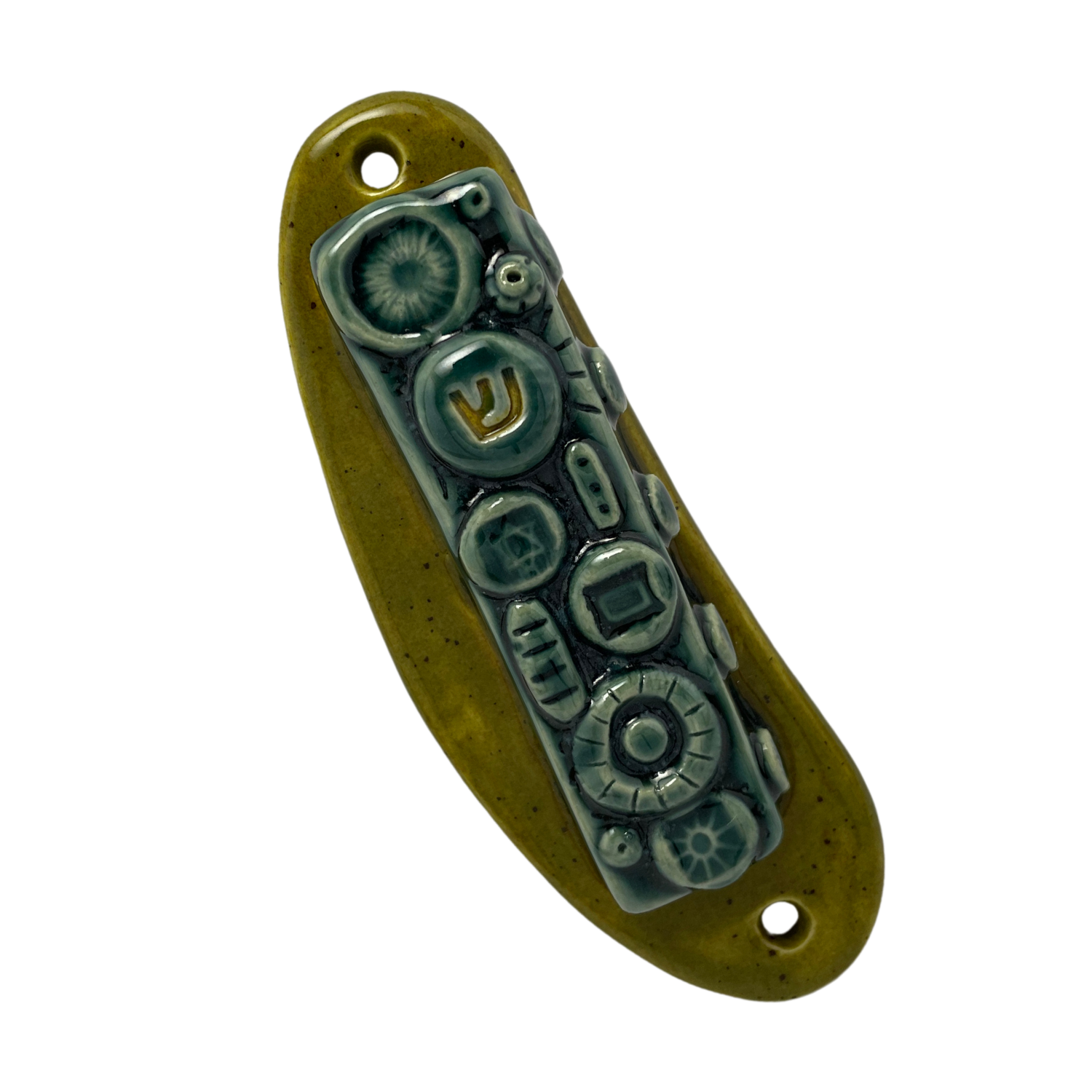 Handpainted Ceramic Mezuzah / Mezuzot from Jewish shop selling Judaica art and gifts. Handmade ceramic art green blue