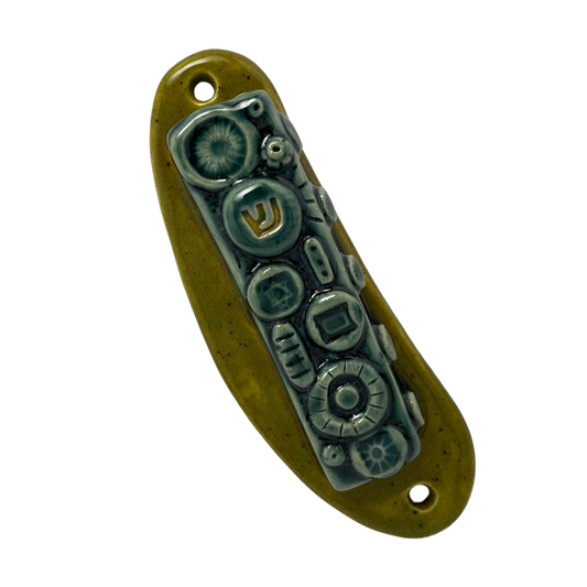 Handpainted Ceramic Mezuzah / Mezuzot from Jewish shop selling Judaica art and gifts. Handmade ceramic art green blue