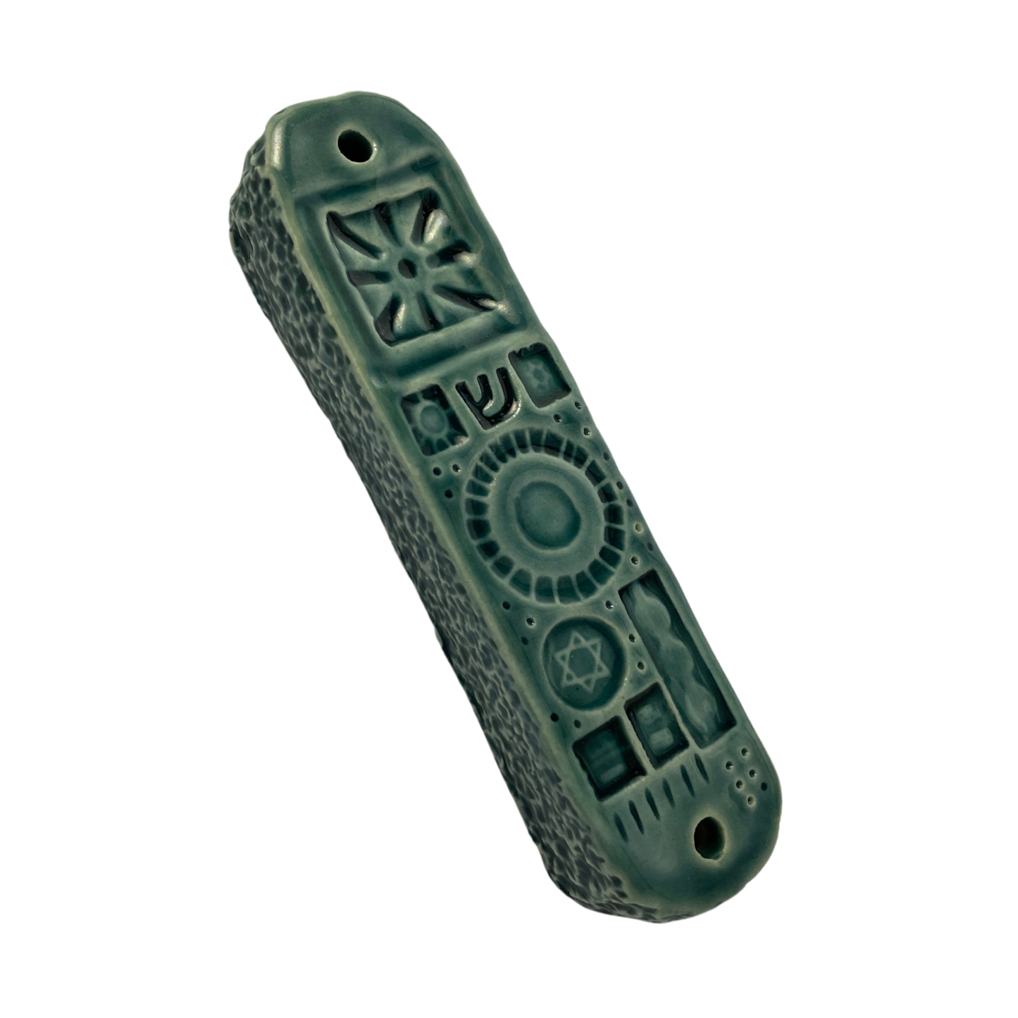 Handpainted Ceramic Mezuzah / Mezuzot from Jewish shop selling Judaica art and gifts. Handmade ceramic art teal blue