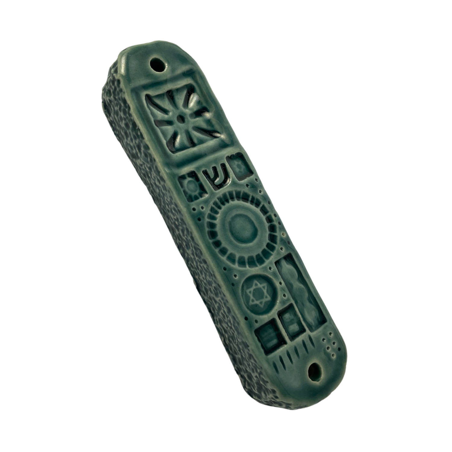 Handpainted Ceramic Mezuzah / Mezuzot from Jewish shop selling Judaica art and gifts. Handmade ceramic art teal blue