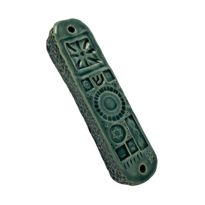 Handpainted Ceramic Mezuzah / Mezuzot from Jewish shop selling Judaica art and gifts. Handmade ceramic art teal blue