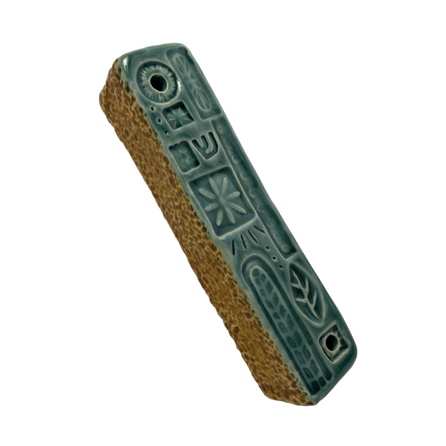 Handpainted Ceramic Mezuzah Mezuzot from Jewish shop selling Judaica art and gifts Handmade ceramic art teal blue turquoise yellow