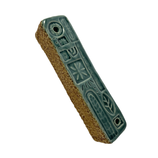 Handpainted Ceramic Mezuzah Mezuzot from Jewish shop selling Judaica art and gifts Handmade ceramic art teal blue turquoise yellow