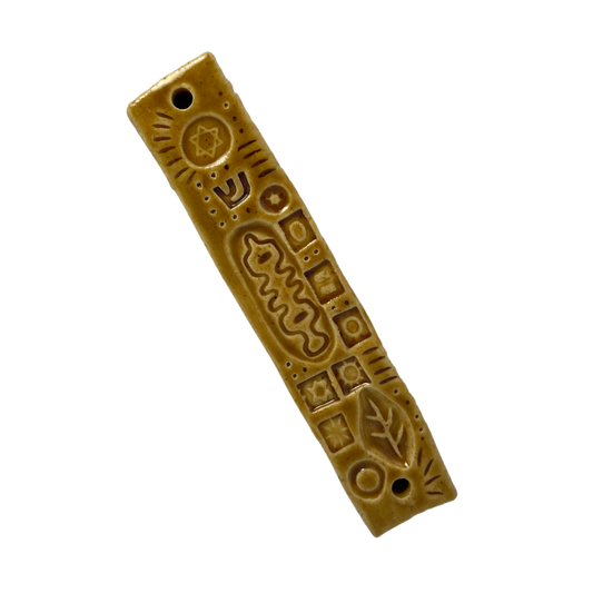 Handpainted Ceramic Mezuzah / Mezuzot from Jewish shop selling Judaica art and gifts. Handmade ceramic art mustard yellow brown
