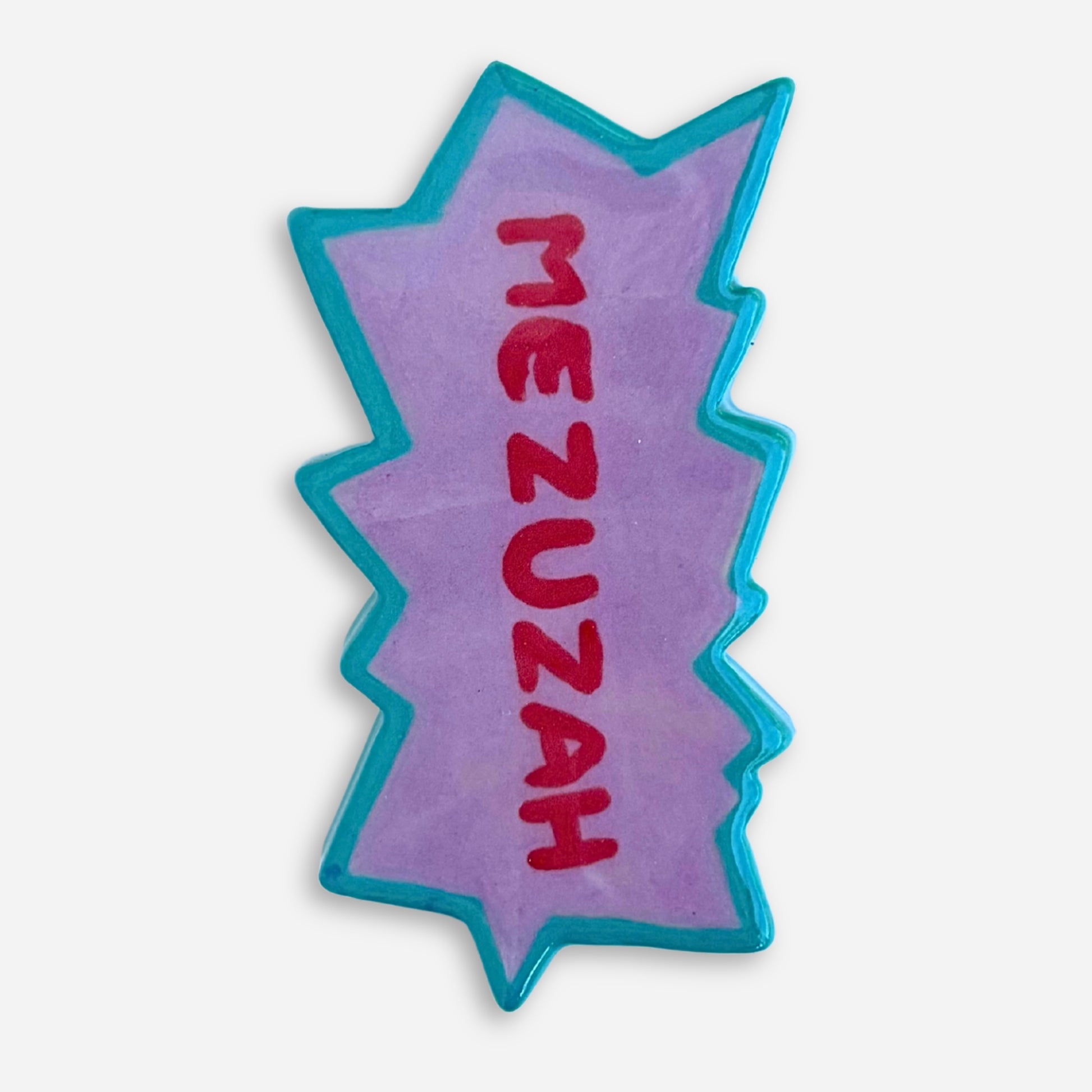Rugrats Jewish episode inspired mezuzah case for a kosher klaf or non-kosher scroll. Purple teal and red mezuzah for doorway, handmade ceramic Judaica.