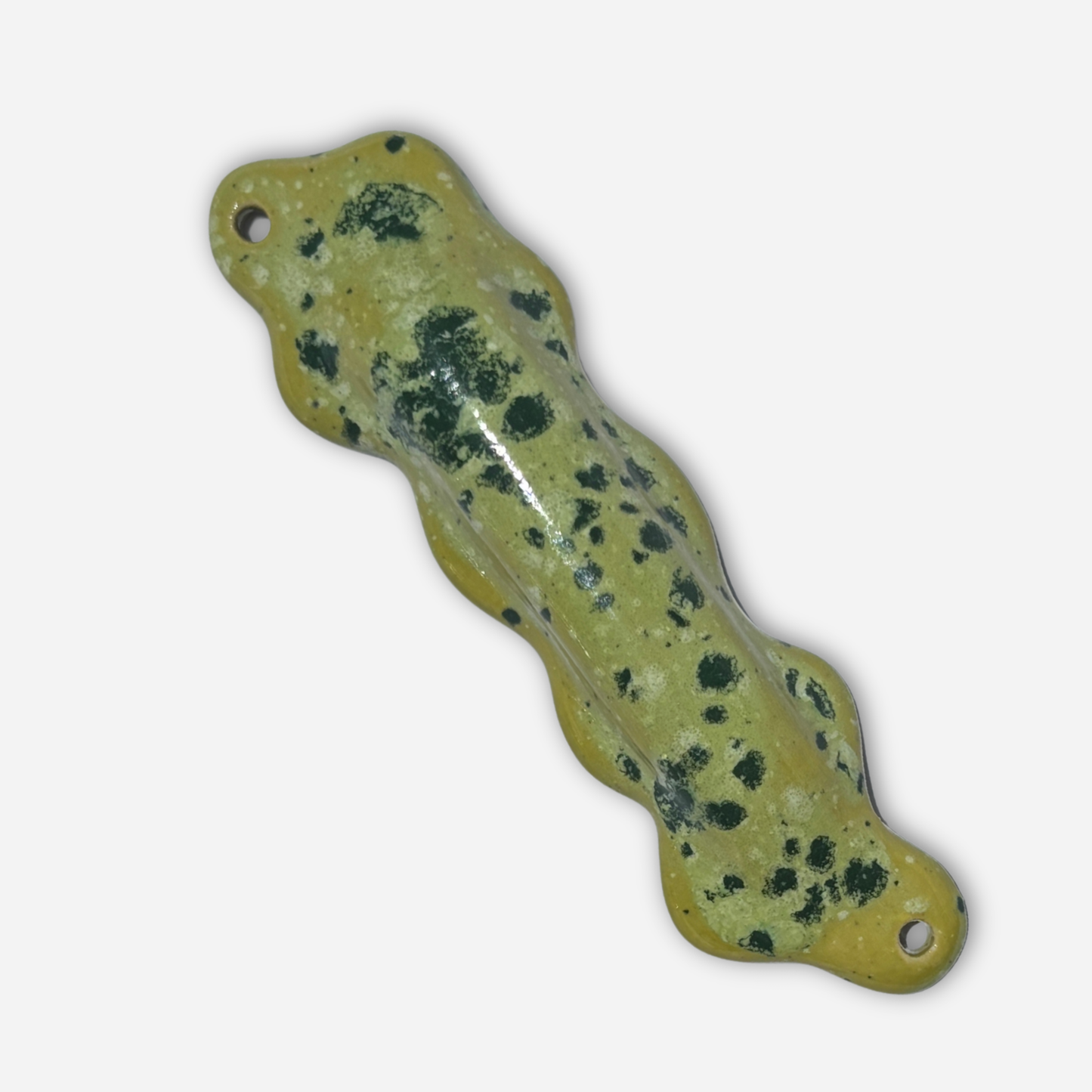 unique handmade mezuzah case ceramic blobby shape lime green glaze modern judaica design