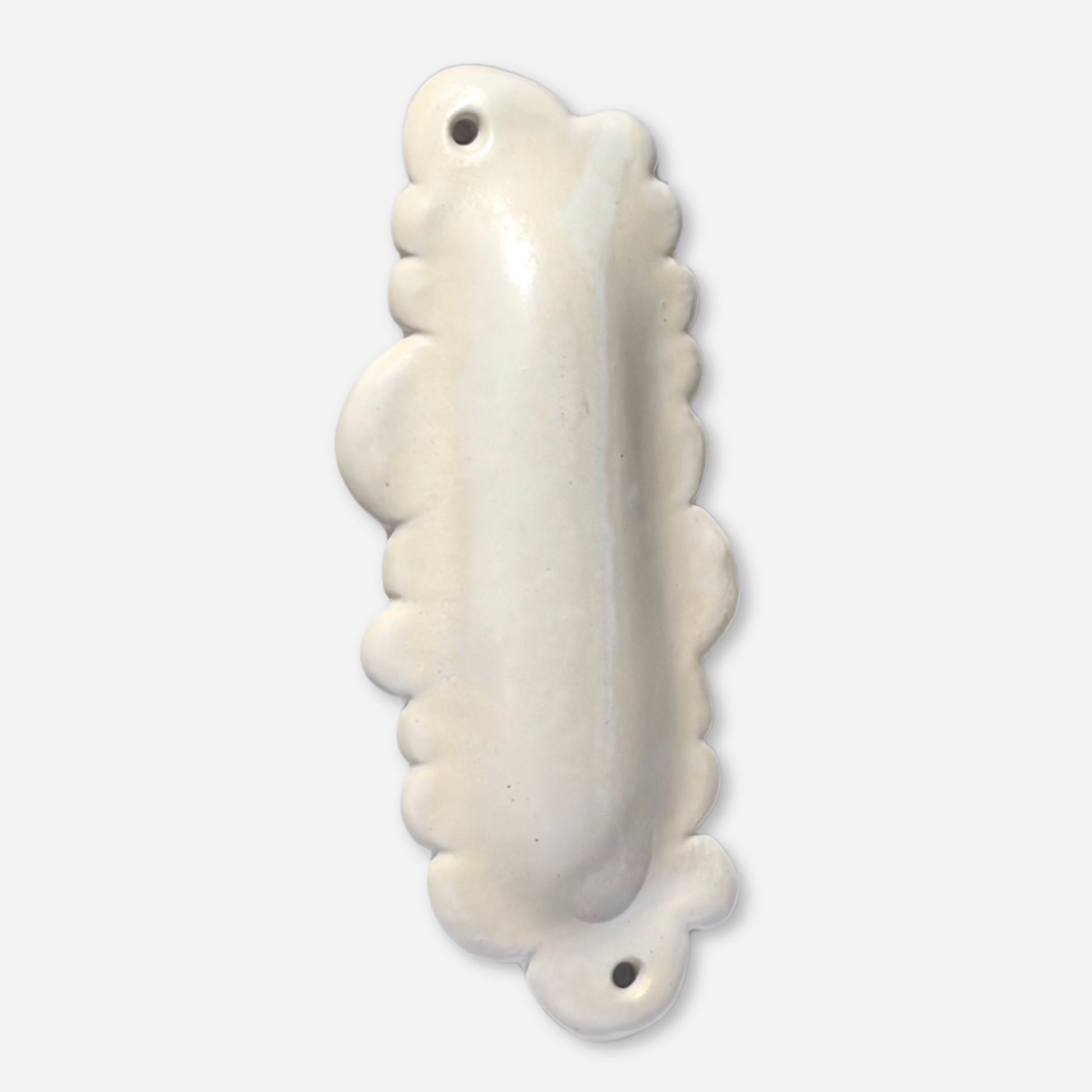 handmade ceramic cloud mezuzah case in glossy off-white glaze with scalloped edges and mounting holes