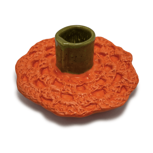 handmade one of a kind crochet ceramic candle holder, by shana ostrowiecki in california one of a kind tapered or shabbat candles bright orange olive green vintage style