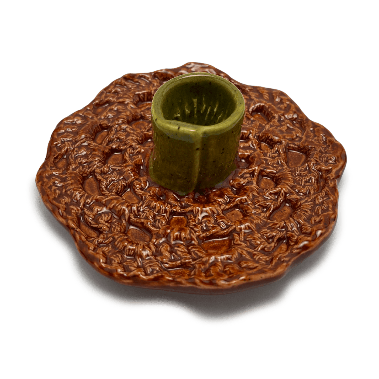handmade one of a kind crochet ceramic candle holder, by shana ostrowiecki in california one of a kind tapered or shabbat candles burnt orange olive green