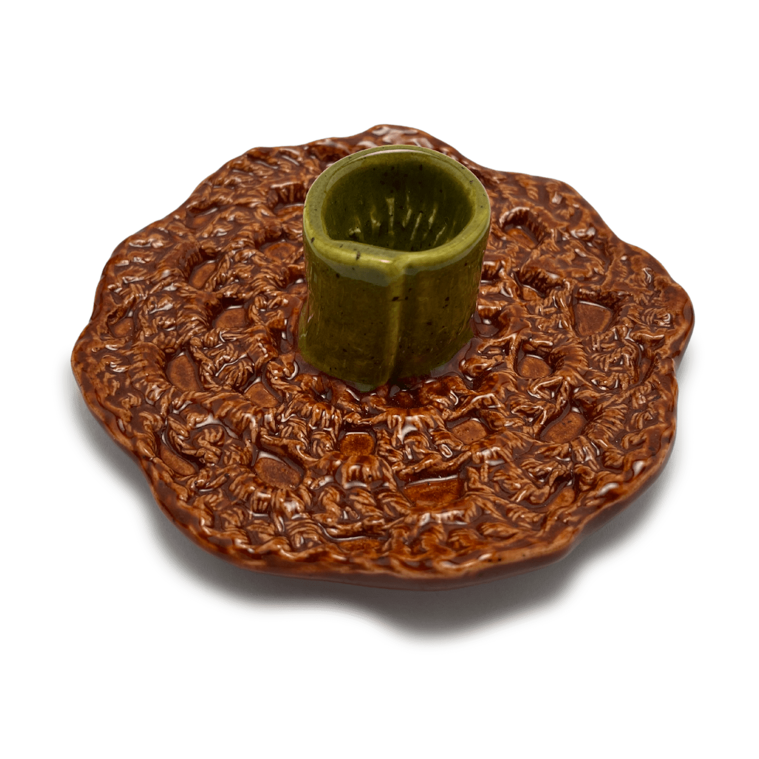 handmade one of a kind crochet ceramic candle holder, by shana ostrowiecki in california one of a kind tapered or shabbat candles burnt orange olive green