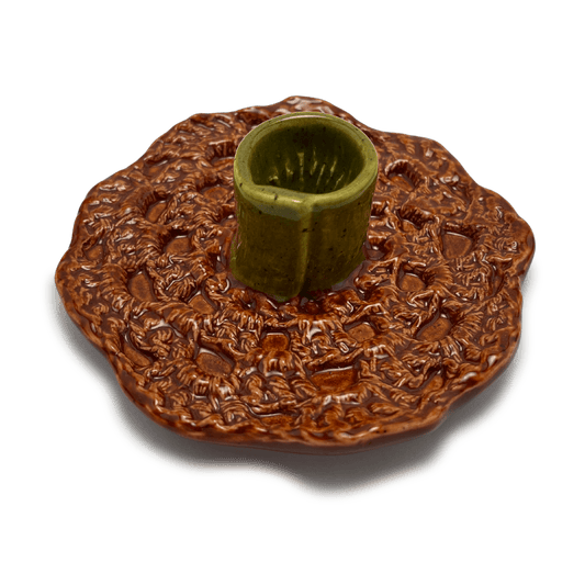 handmade one of a kind crochet ceramic candle holder, by shana ostrowiecki in california one of a kind tapered or shabbat candles burnt orange olive green
