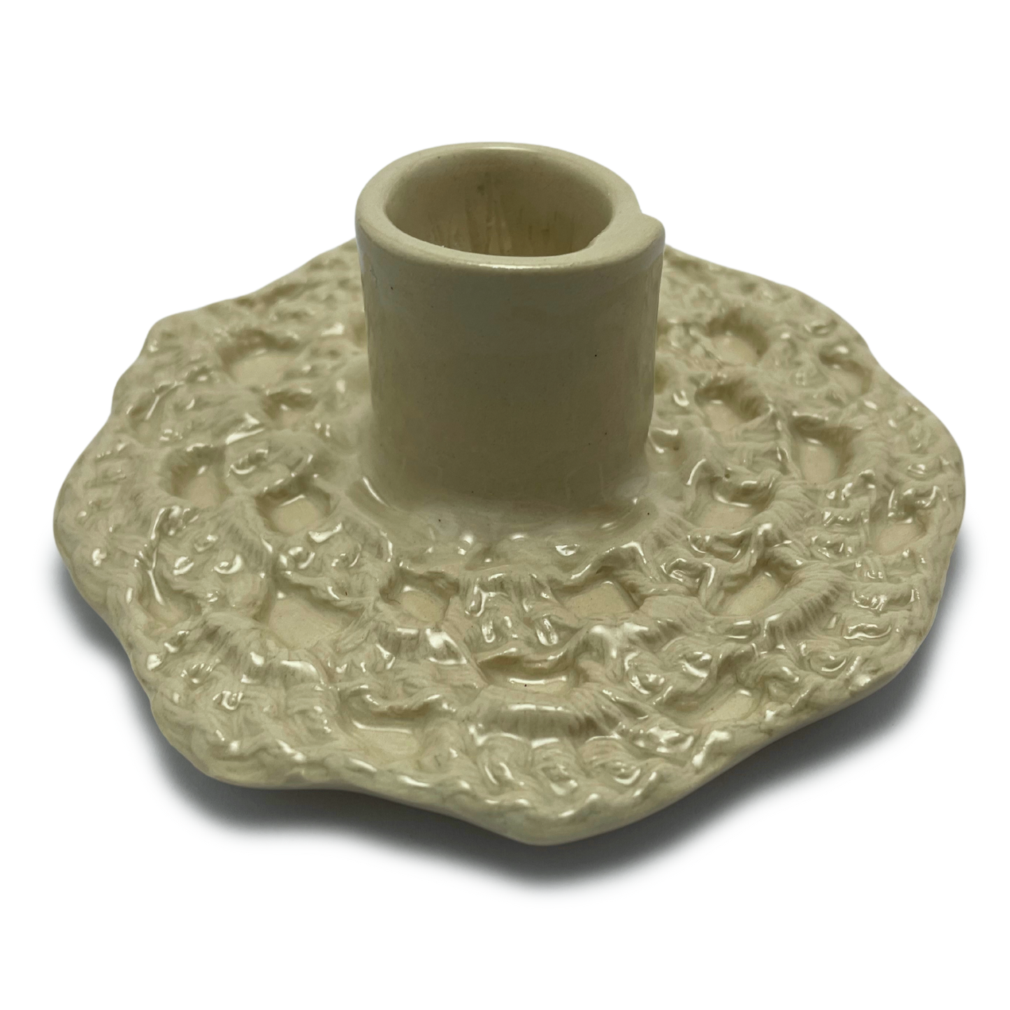 handmade one of a kind crochet ceramic candle holder, by shana ostrowiecki in california one of a kind tapered or shabbat candles vintage style cream off white