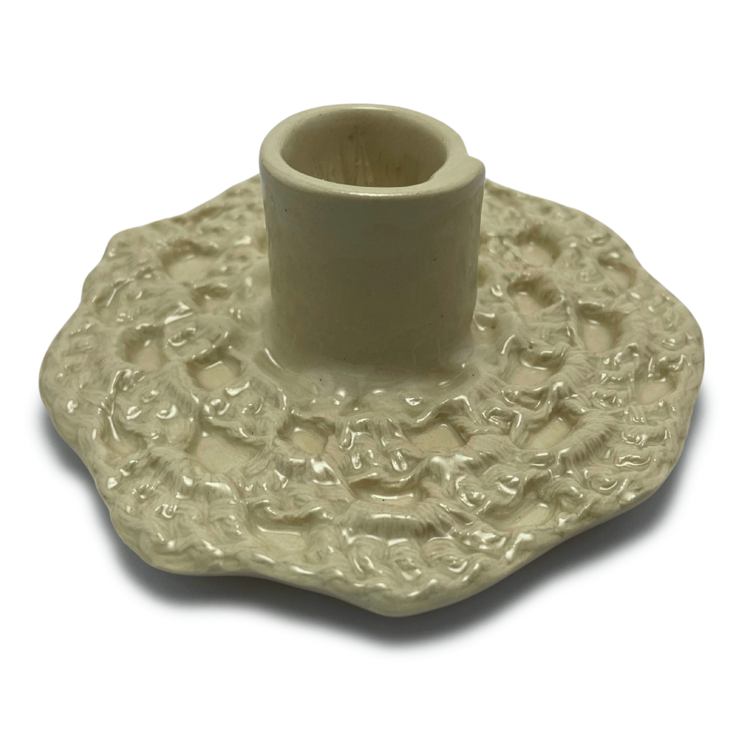 handmade one of a kind crochet ceramic candle holder, by shana ostrowiecki in california one of a kind tapered or shabbat candles vintage style cream off white