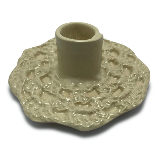 handmade one of a kind crochet ceramic candle holder, by shana ostrowiecki in california one of a kind tapered or shabbat candles vintage style cream off white