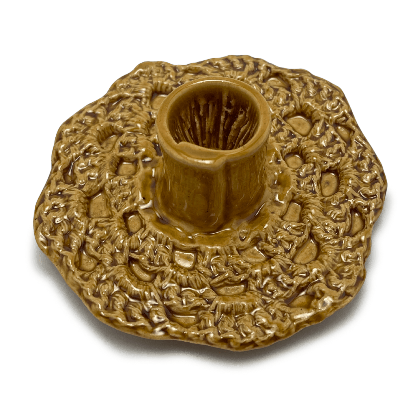 handmade one of a kind crochet ceramic candle holder, by shana ostrowiecki in california one of a kind tapered or shabbat candles mustard yellow brown vintage