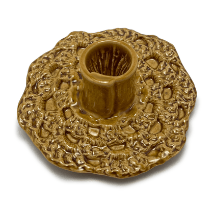 handmade one of a kind crochet ceramic candle holder, by shana ostrowiecki in california one of a kind tapered or shabbat candles mustard yellow brown vintage