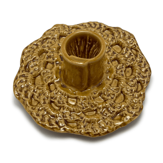 handmade one of a kind crochet ceramic candle holder, by shana ostrowiecki in california one of a kind tapered or shabbat candles mustard yellow brown vintage