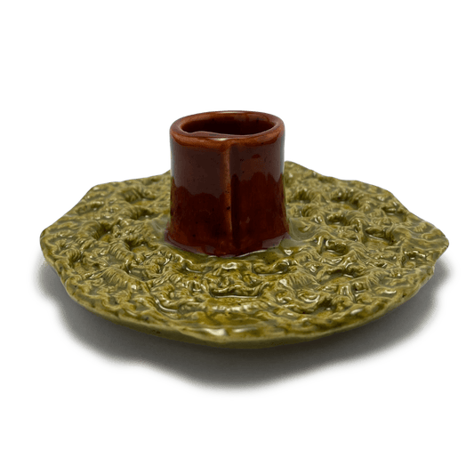 handmade one of a kind crochet ceramic candle holder, by shana ostrowiecki in california one of a kind tapered or shabbat candles vintage styleolive green burnt orange