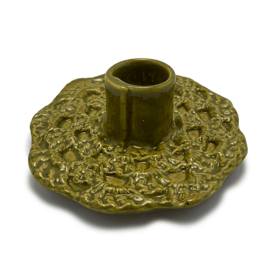 handmade one of a kind crochet ceramic candle holder, by shana ostrowiecki in california one of a kind tapered or shabbat candles vintage style olive green
