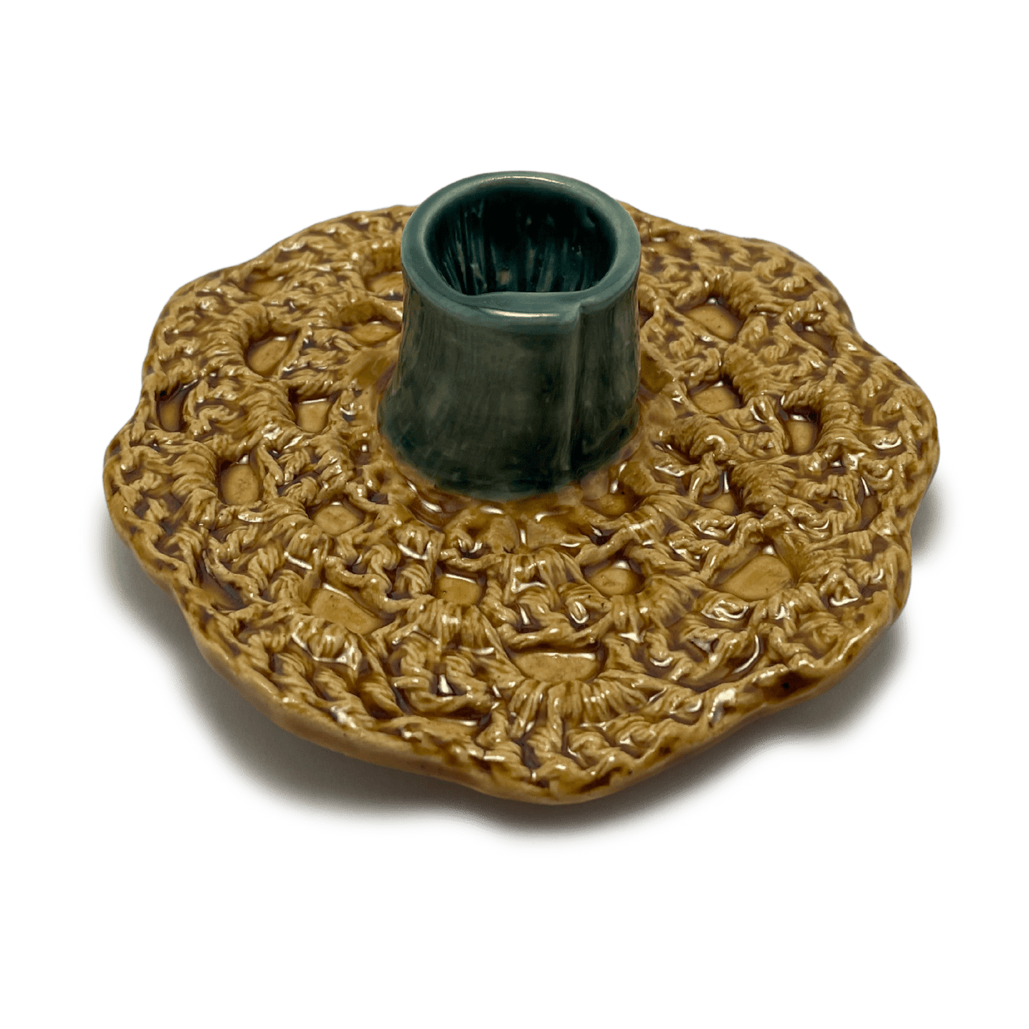 handmade one of a kind crochet ceramic candle holder, by shana ostrowiecki in california one of a kind tapered or shabbat candles mustard yellow teal blue turquoise vintage
