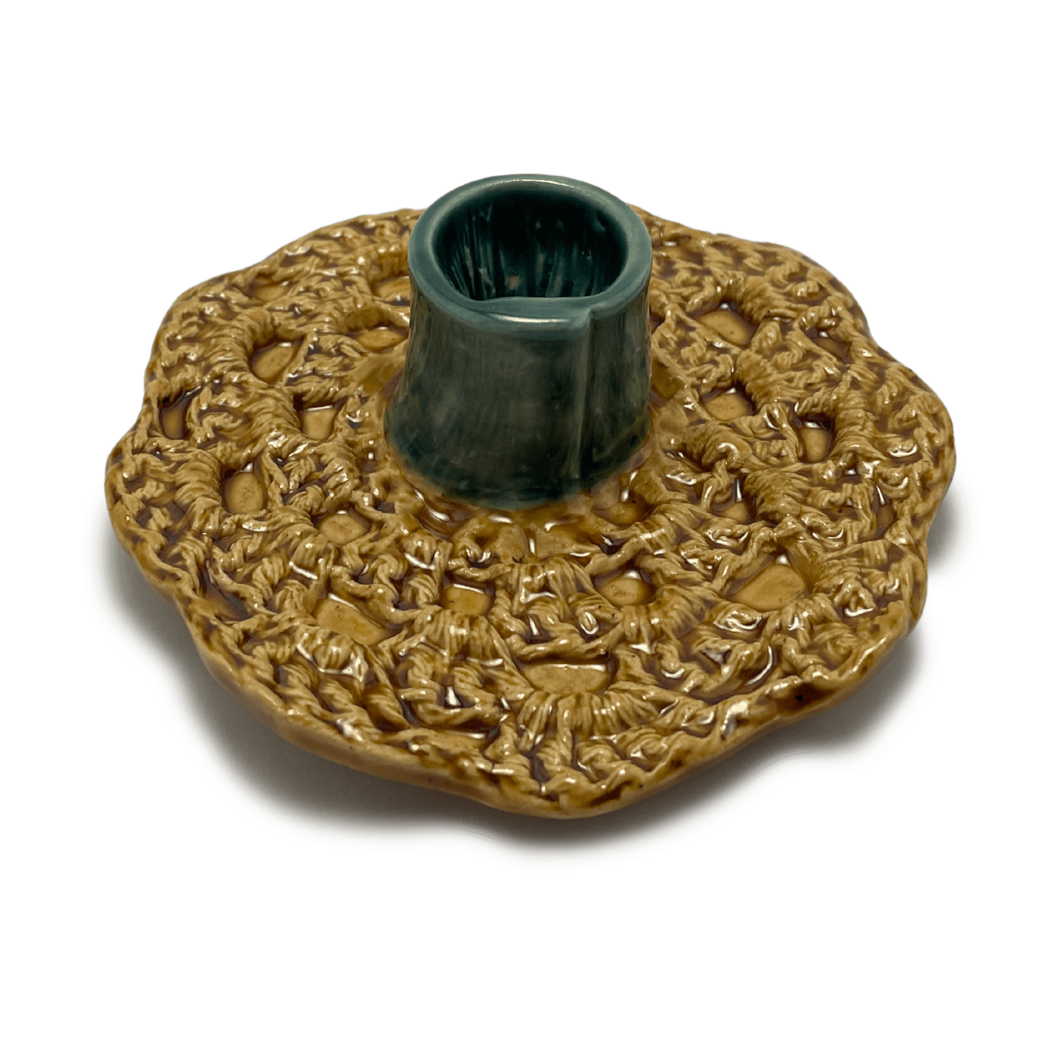 handmade one of a kind crochet ceramic candle holder, by shana ostrowiecki in california one of a kind tapered or shabbat candles mustard yellow teal blue turquoise vintage