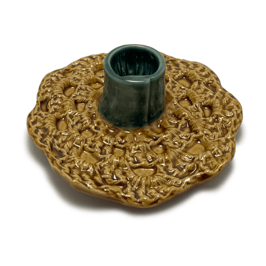 handmade one of a kind crochet ceramic candle holder, by shana ostrowiecki in california one of a kind tapered or shabbat candles mustard yellow teal blue turquoise vintage