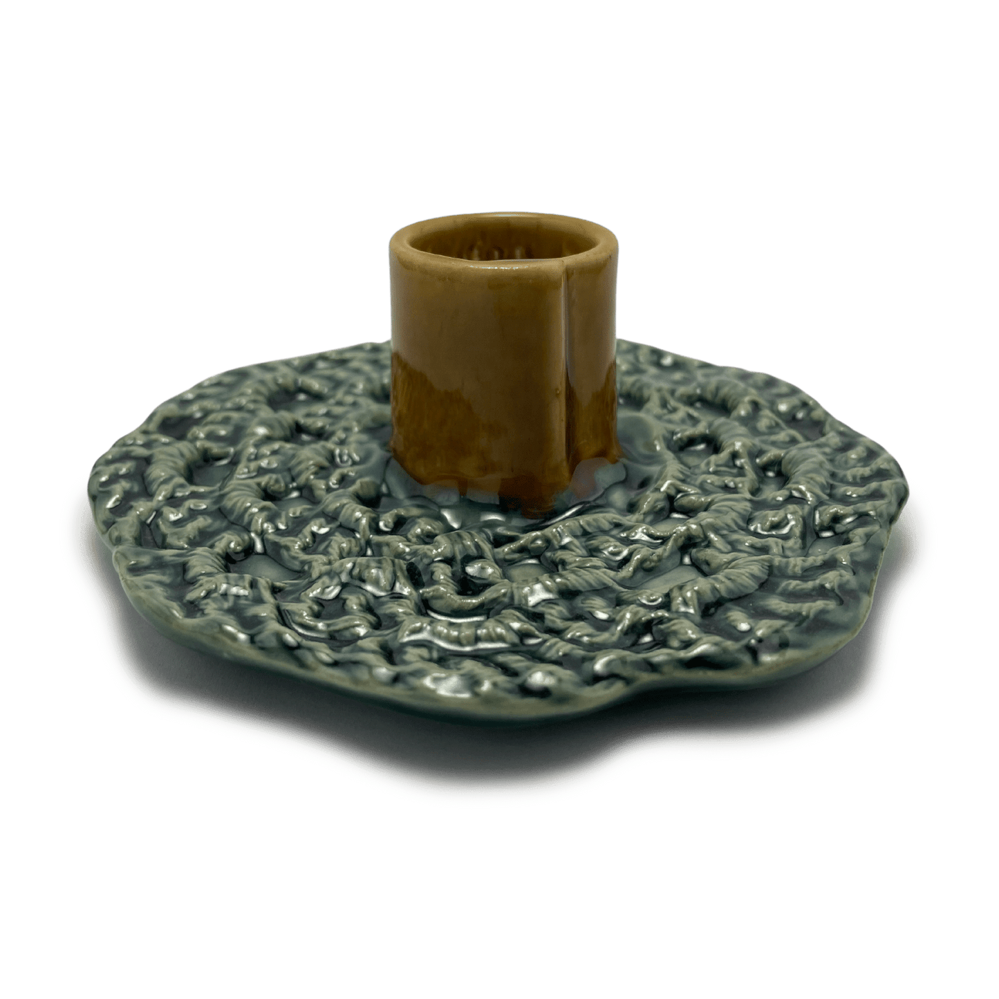 handmade one of a kind crochet ceramic candle holder, by shana ostrowiecki in california one of a kind tapered or shabbat candles vintage style mustard yellow teal blue turquoise